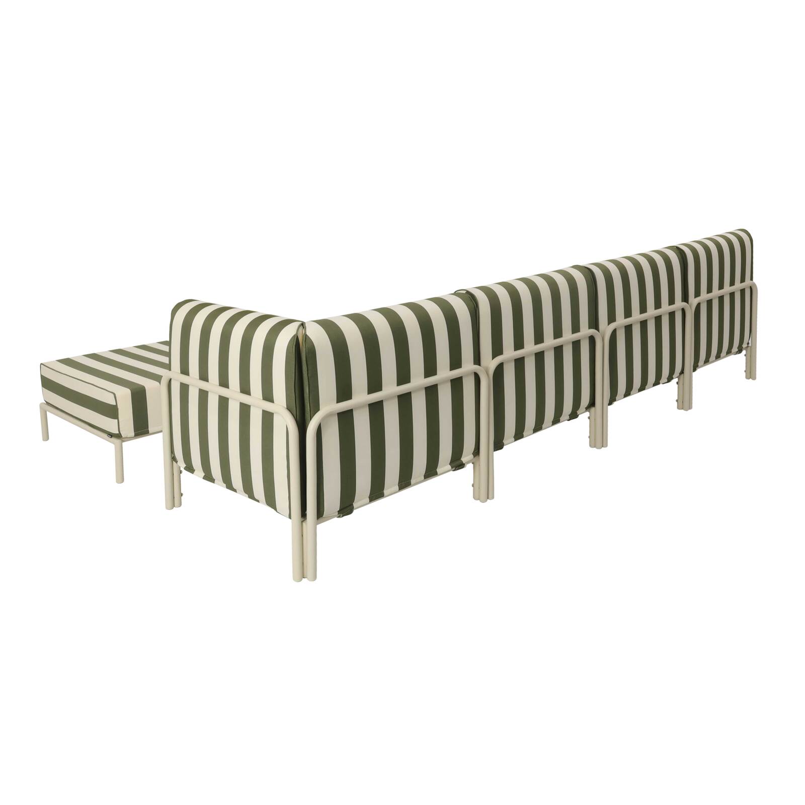 Modulare Gartenmöbel für 5 Personen bestehend aus 2 Sesseln, 1 Ecksessel, 1 Chaiselongue und 1 Sitzsack im gestreiften Design