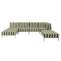 Modulare Gartenmöbel für 5 Personen bestehend aus 2 Sesseln, 1 Ecksessel, 1 Chaiselongue und 1 Sitzsack im gestreiften Design
