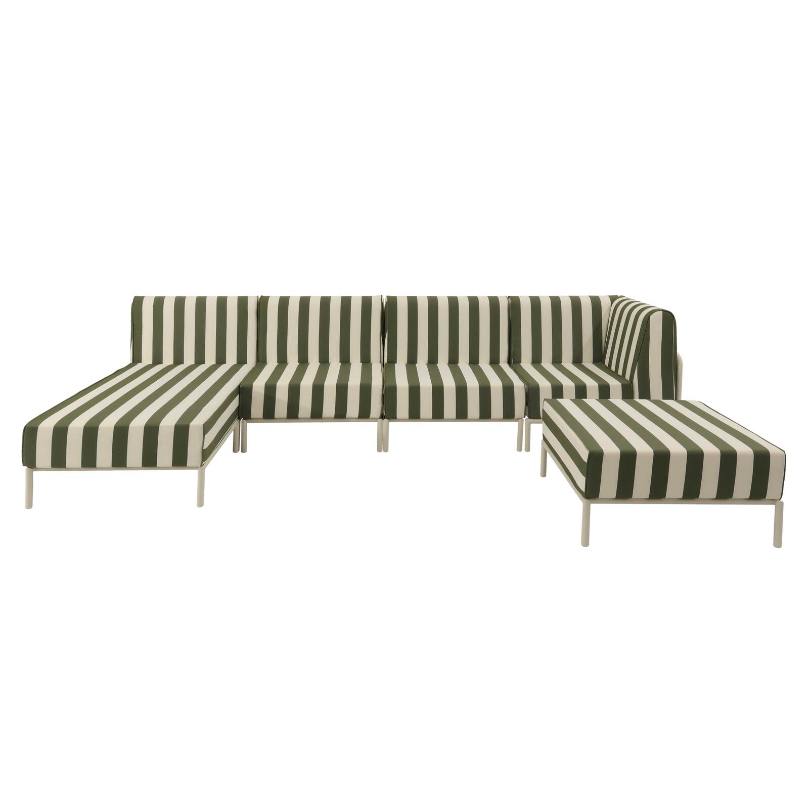 Modulare Gartenmöbel für 5 Personen bestehend aus 2 Sesseln, 1 Ecksessel, 1 Chaiselongue und 1 Sitzsack im gestreiften Design
