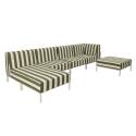 Modulare Gartenmöbel für 5 Personen bestehend aus 2 Sesseln, 1 Ecksessel, 1 Chaiselongue und 1 Sitzsack im gestreiften Design