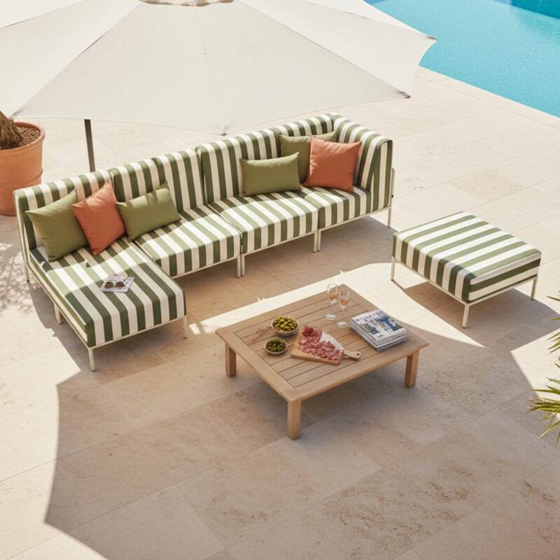 Modulare Gartenmöbel für 5 Personen bestehend aus 2 Sesseln, 1 Ecksessel, 1 Chaiselongue und 1 Sitzsack im gestreiften Design (2/8)
