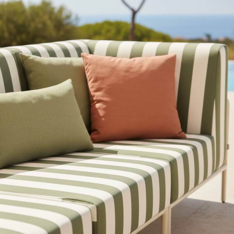 Modulare Gartenmöbel für 5 Personen bestehend aus 2 Sesseln, 1 Ecksessel, 1 Chaiselongue und 1 Sitzsack im gestreiften Design (3/8)