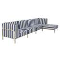 Modulare Gartenmöbel für 5 Personen bestehend aus 2 Sesseln, 2 Ecksesseln und 1 Sitzsack im gestreiften Design