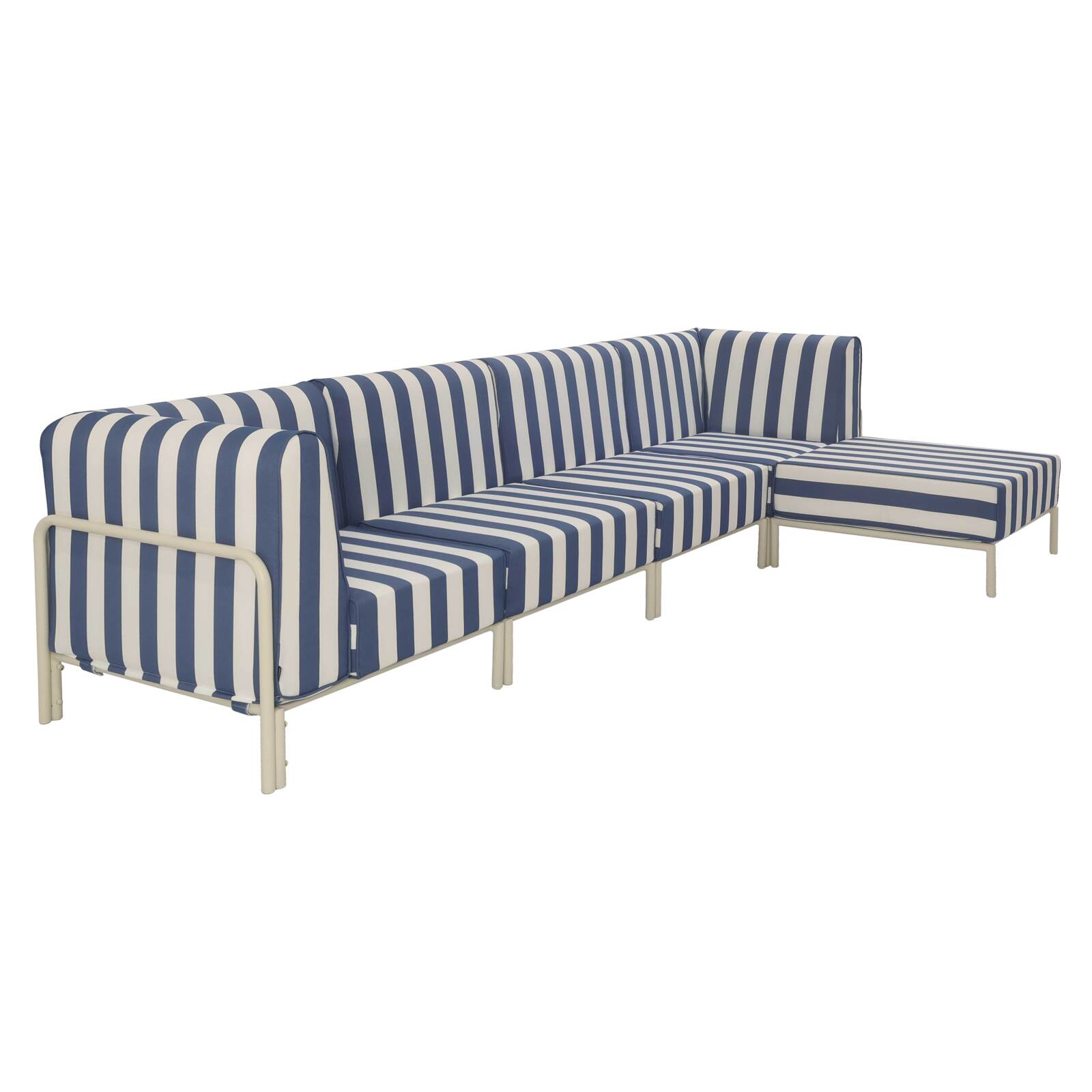 Modulare Gartenmöbel für 5 Personen bestehend aus 2 Sesseln, 2 Ecksesseln und 1 Sitzsack im gestreiften Design