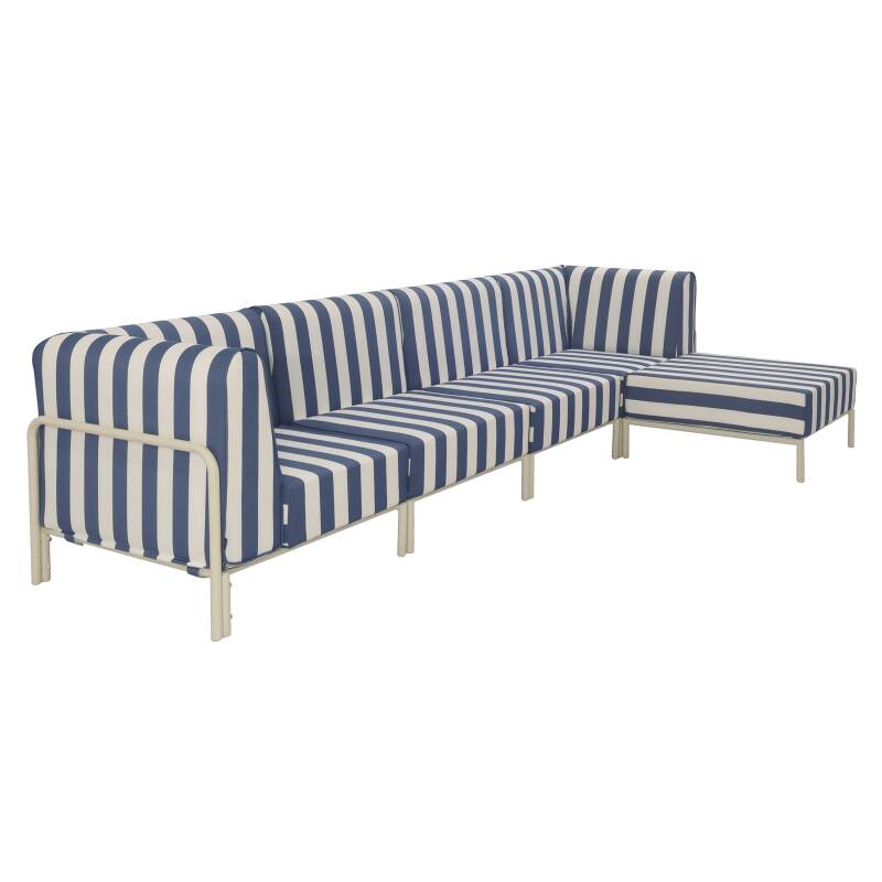Modulare Gartenmöbel für 5 Personen bestehend aus 2 Sesseln, 2 Ecksesseln und 1 Sitzsack im gestreiften Design