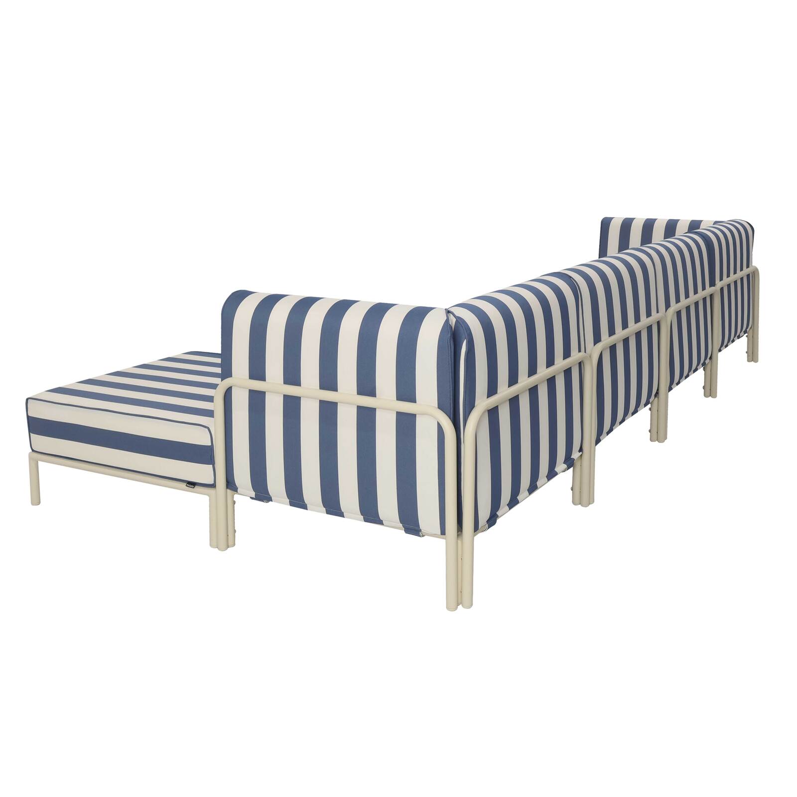 Modulare Gartenmöbel für 5 Personen bestehend aus 2 Sesseln, 2 Ecksesseln und 1 Sitzsack im gestreiften Design