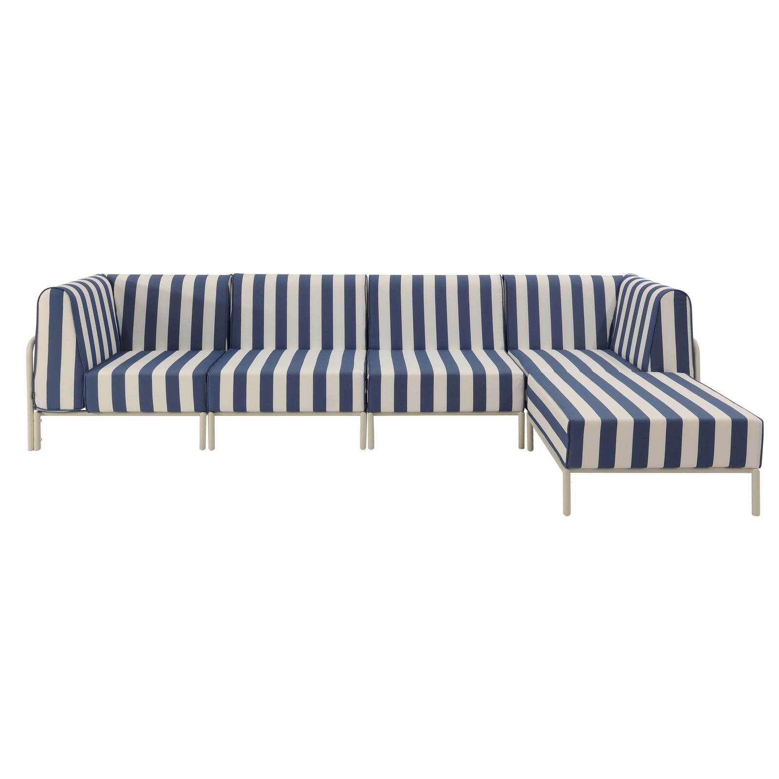 Modulare Gartenmöbel für 5 Personen bestehend aus 2 Sesseln, 2 Ecksesseln und 1 Sitzsack im gestreiften Design