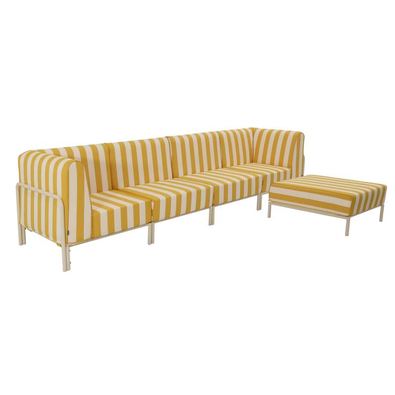Modulare Gartenmöbel für 5 Personen bestehend aus 2 Sesseln, 2 Ecksesseln und 1 Sitzsack im gestreiften Design