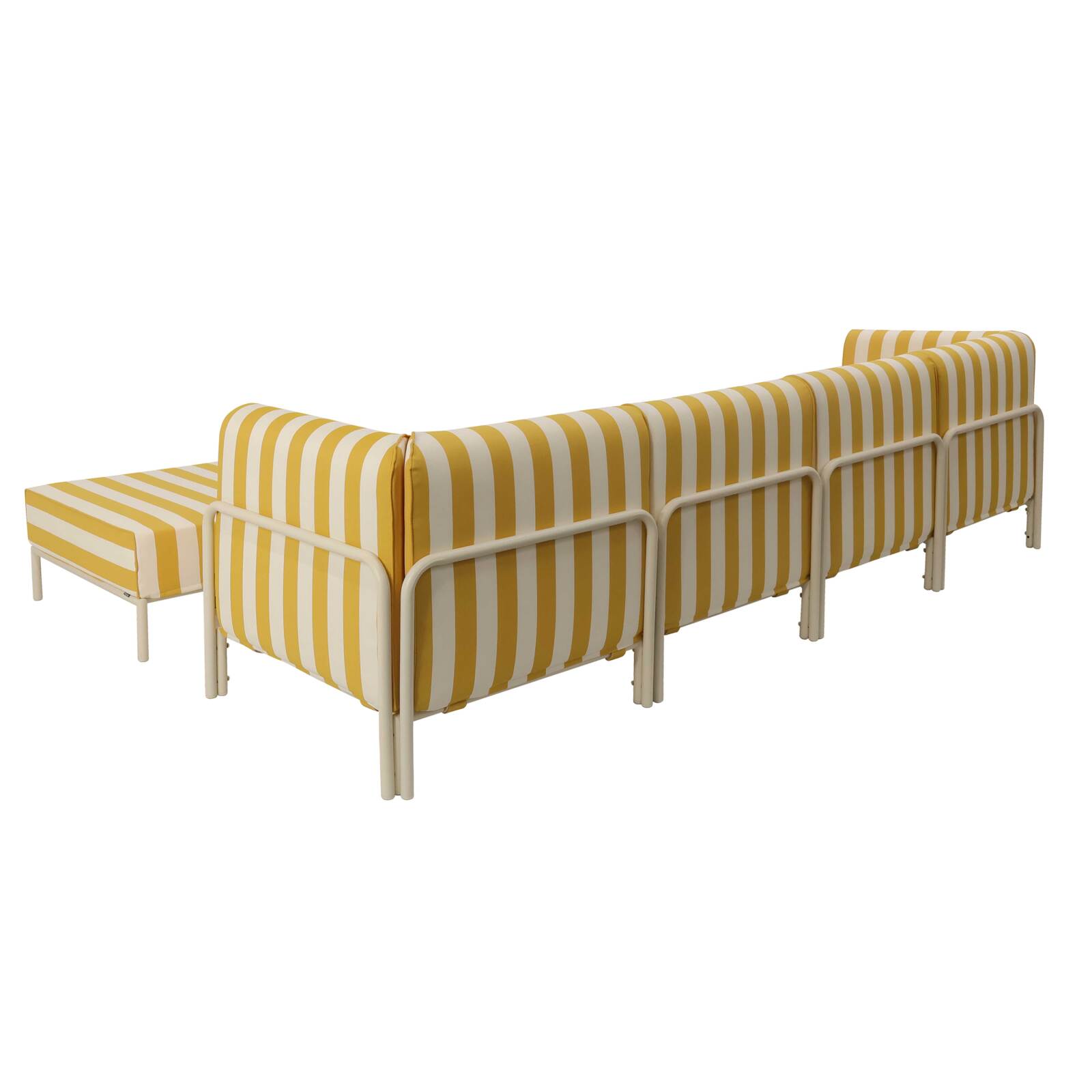 Modulare Gartenmöbel für 5 Personen bestehend aus 2 Sesseln, 2 Ecksesseln und 1 Sitzsack im gestreiften Design