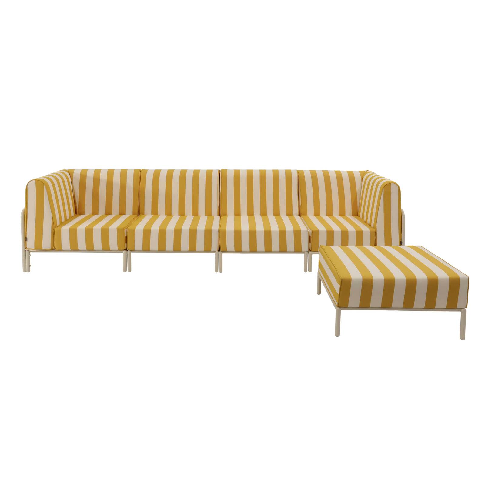 Modulare Gartenmöbel für 5 Personen bestehend aus 2 Sesseln, 2 Ecksesseln und 1 Sitzsack im gestreiften Design