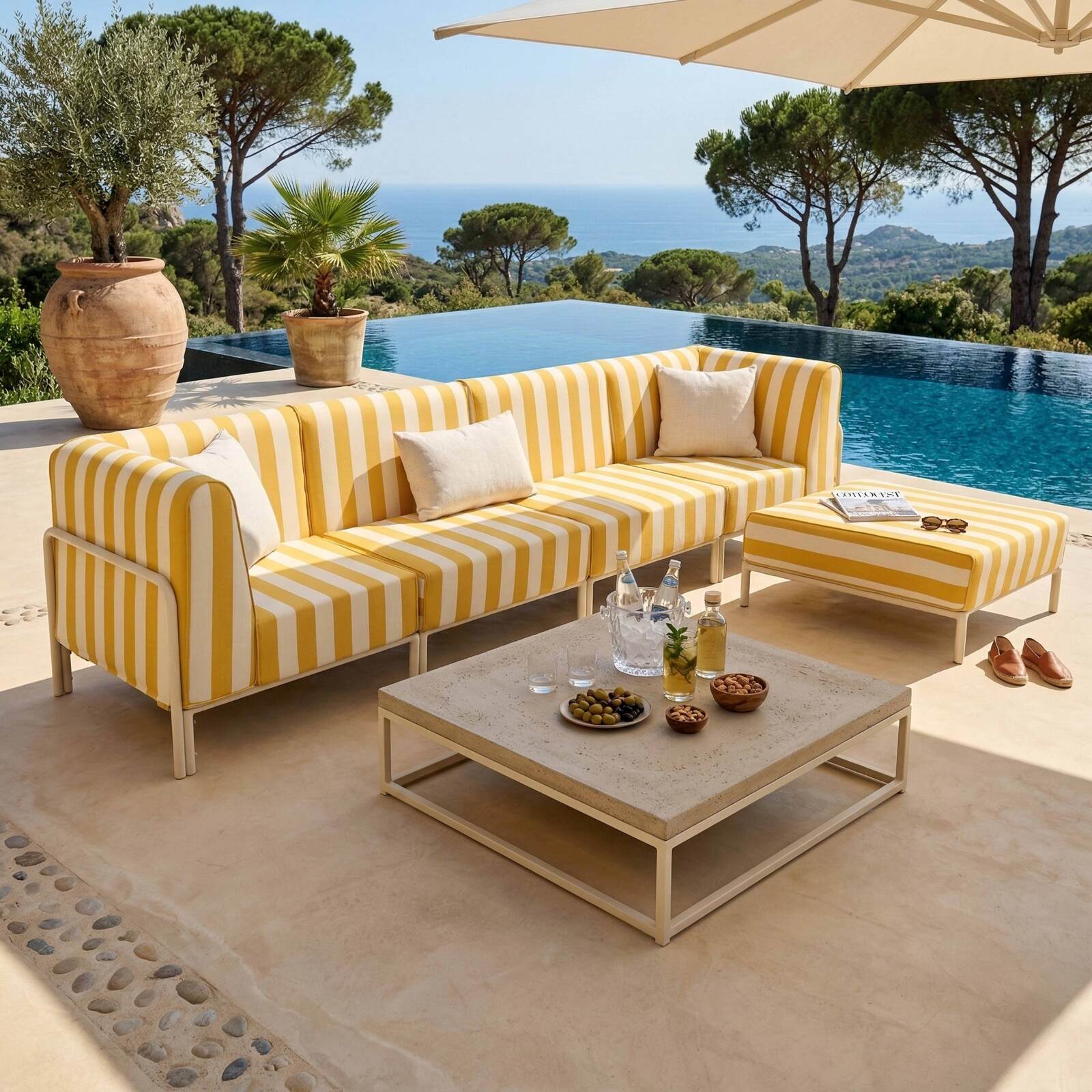 Modulare Gartenmöbel für 5 Personen bestehend aus 2 Sesseln, 2 Ecksesseln und 1 Sitzsack im gestreiften Design