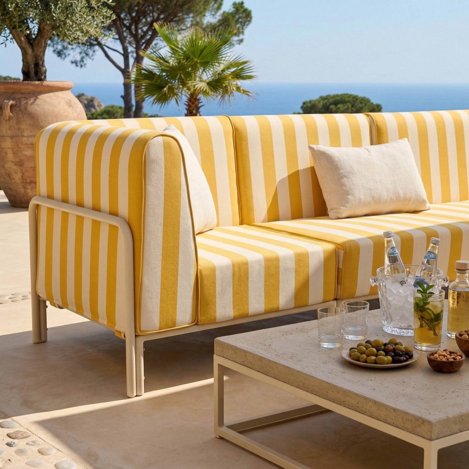Modulare Gartenmöbel für 5 Personen bestehend aus 2 Sesseln, 2 Ecksesseln und 1 Sitzsack im gestreiften Design