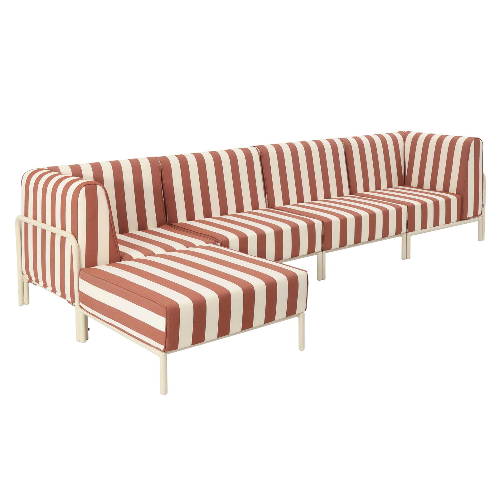Modulare Gartenmöbel für 5 Personen bestehend aus 2 Sesseln, 2 Ecksesseln und 1 Sitzsack im gestreiften Design