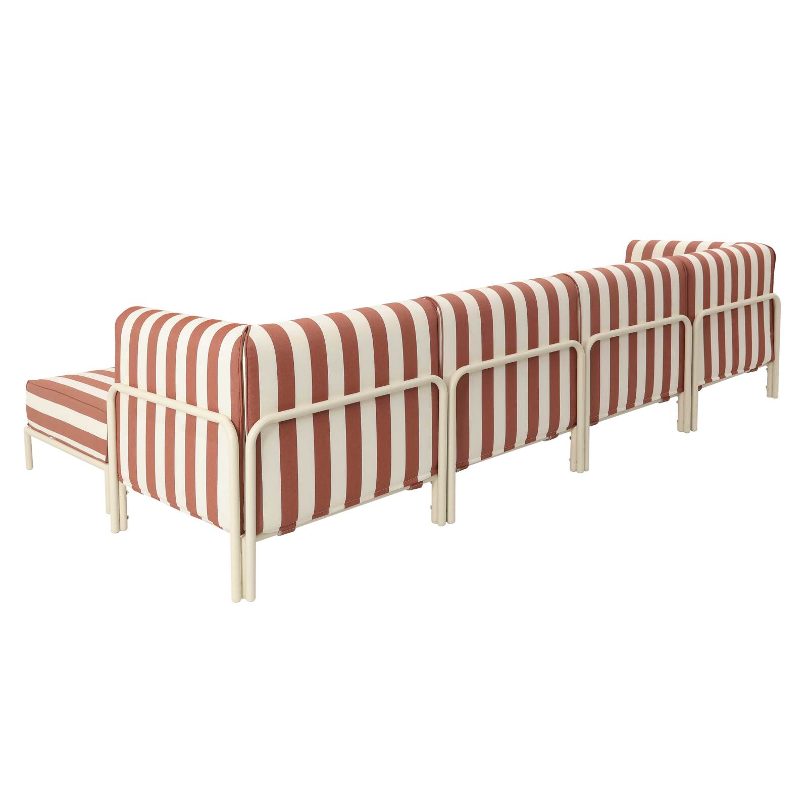 Modulare Gartenmöbel für 5 Personen bestehend aus 2 Sesseln, 2 Ecksesseln und 1 Sitzsack im gestreiften Design