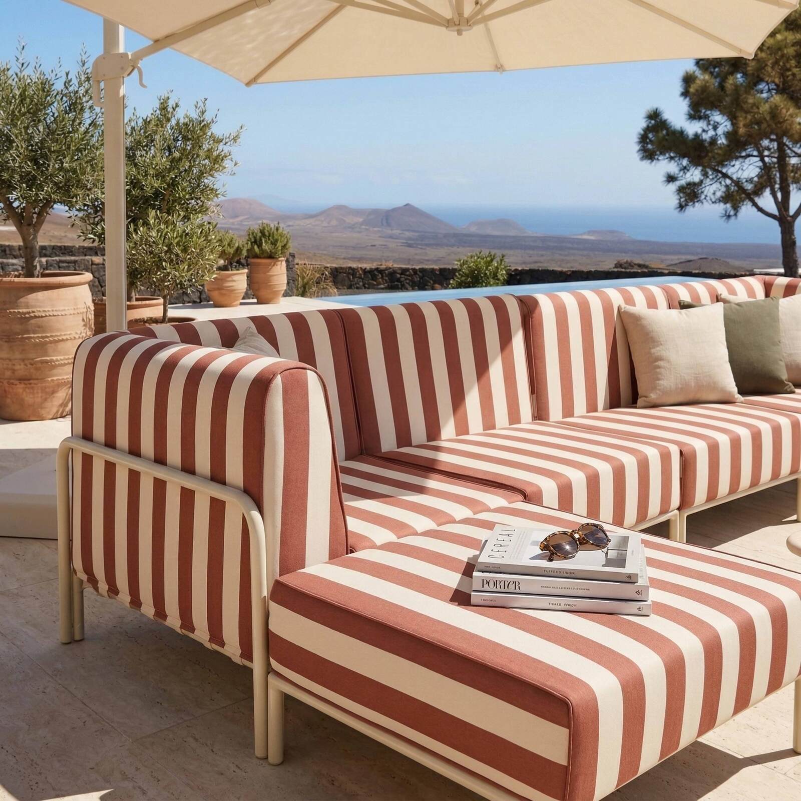 Modulare Gartenmöbel für 5 Personen bestehend aus 2 Sesseln, 2 Ecksesseln und 1 Sitzsack im gestreiften Design