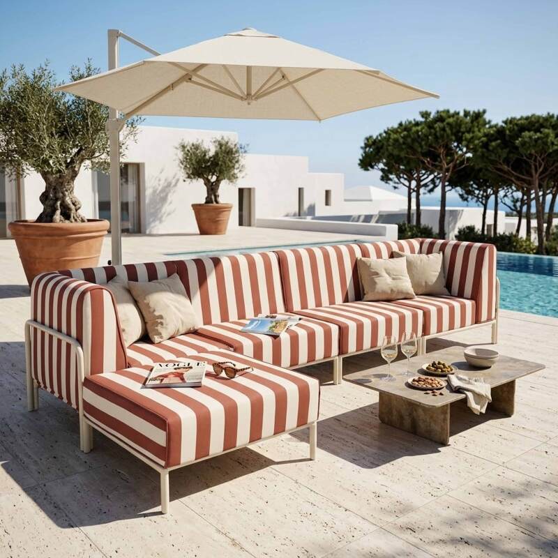 Modulare Gartenmöbel für 5 Personen bestehend aus 2 Sesseln, 2 Ecksesseln und 1 Sitzsack im gestreiften Design (6/7)