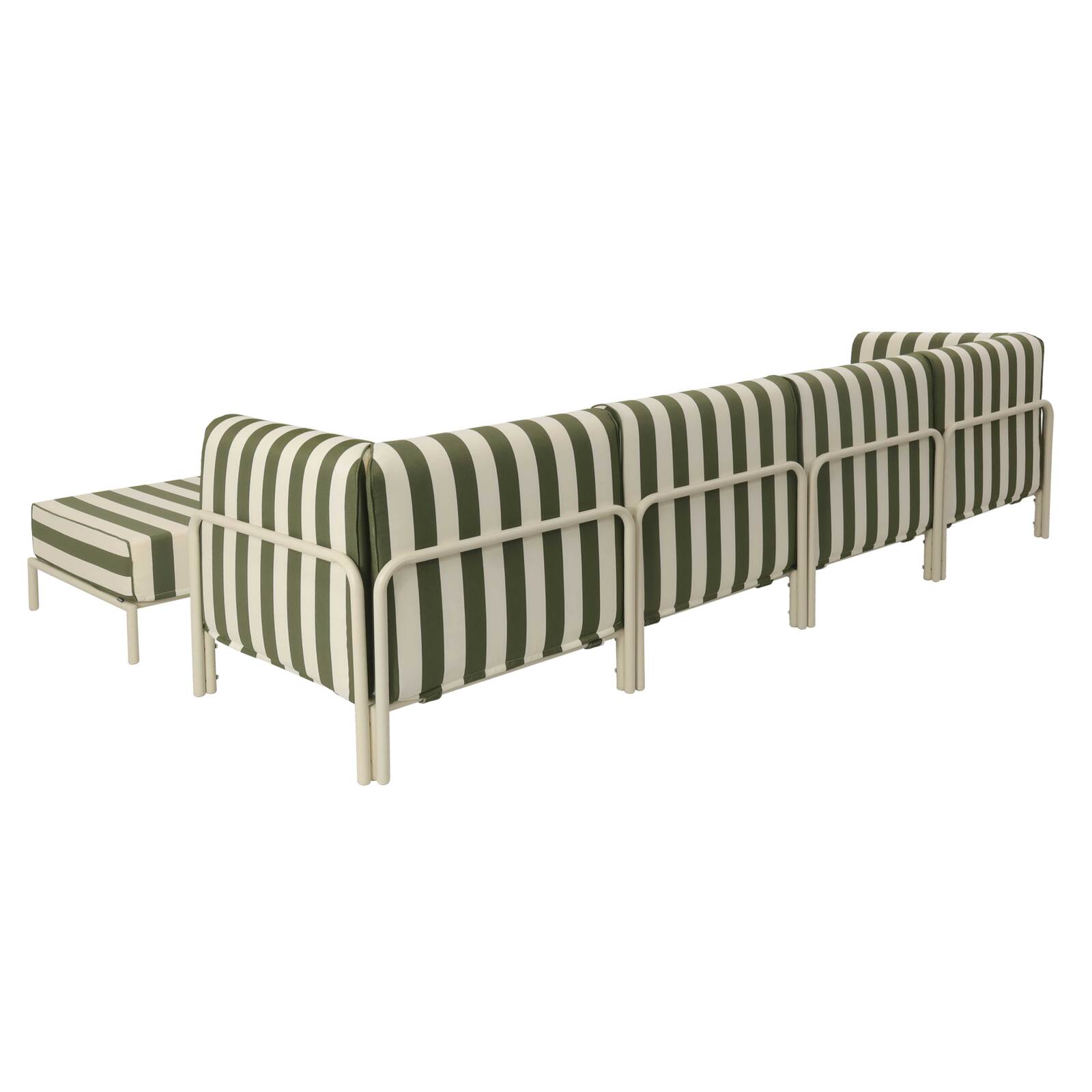 Modulare Gartenmöbel für 5 Personen bestehend aus 2 Sesseln, 2 Ecksesseln und 1 Sitzsack im gestreiften Design