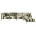 Modulare Gartenmöbel für 5 Personen bestehend aus 2 Sesseln, 2 Ecksesseln und 1 Sitzsack im gestreiften Design