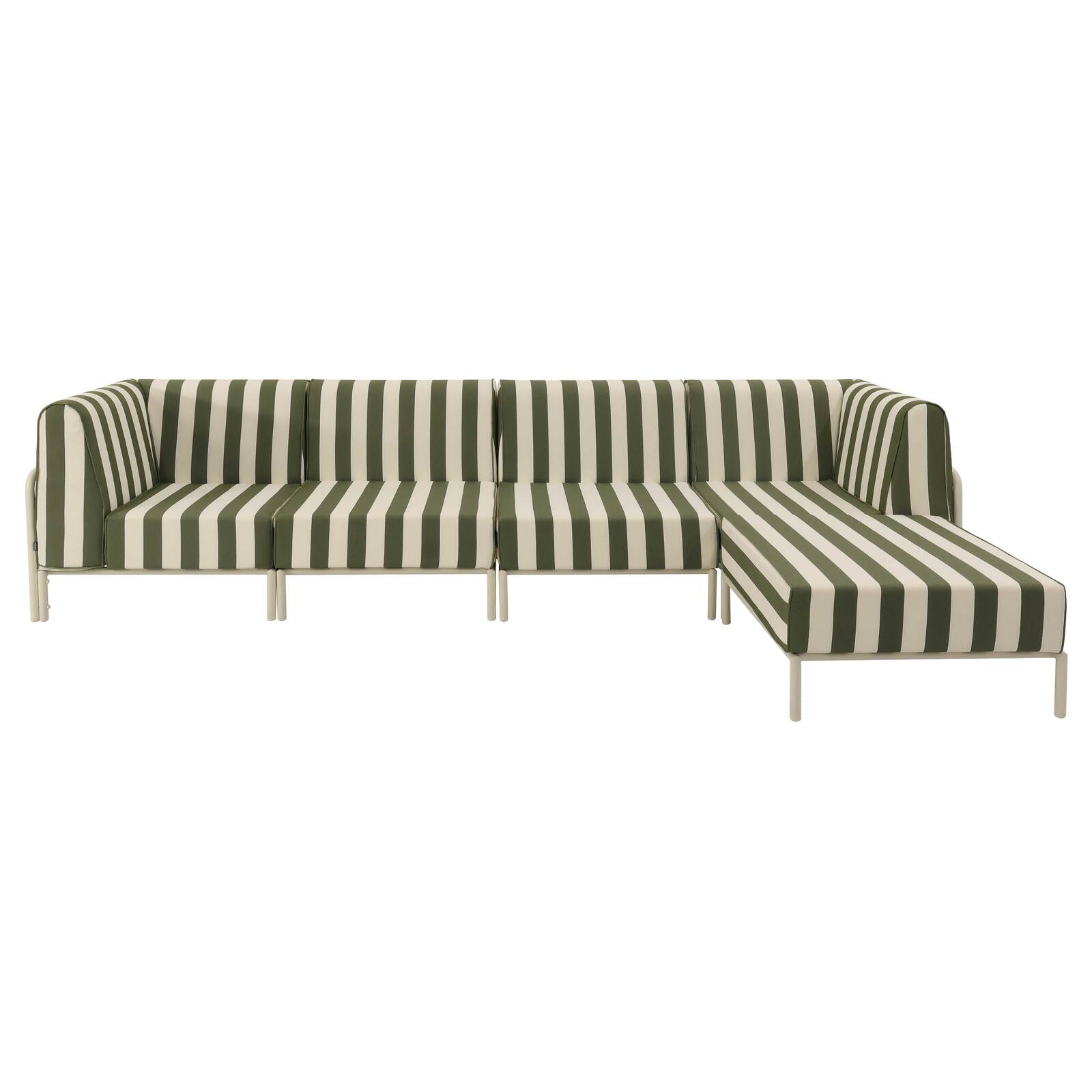Modulare Gartenmöbel für 5 Personen bestehend aus 2 Sesseln, 2 Ecksesseln und 1 Sitzsack im gestreiften Design