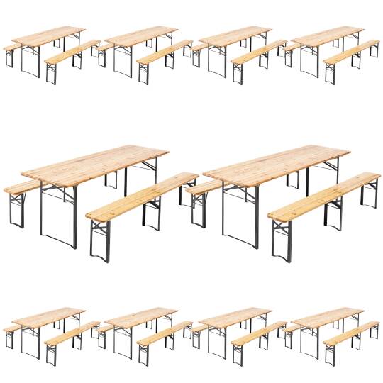 Set aus 10 Bartischen und 20 klappbaren Bänken aus Kiefernholz