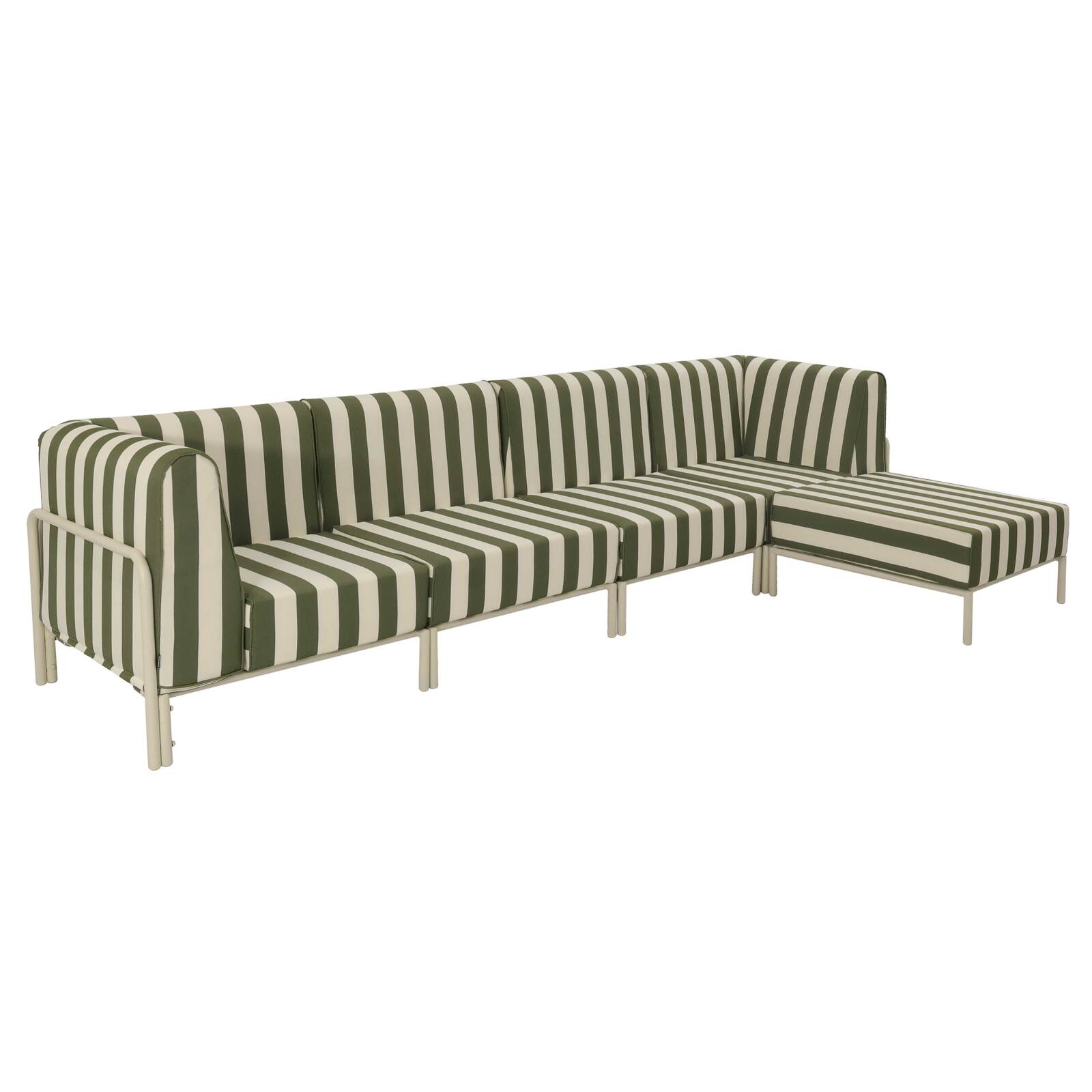 Modulare Gartenmöbel für 5 Personen bestehend aus 2 Sesseln, 2 Ecksesseln und 1 Sitzsack im gestreiften Design