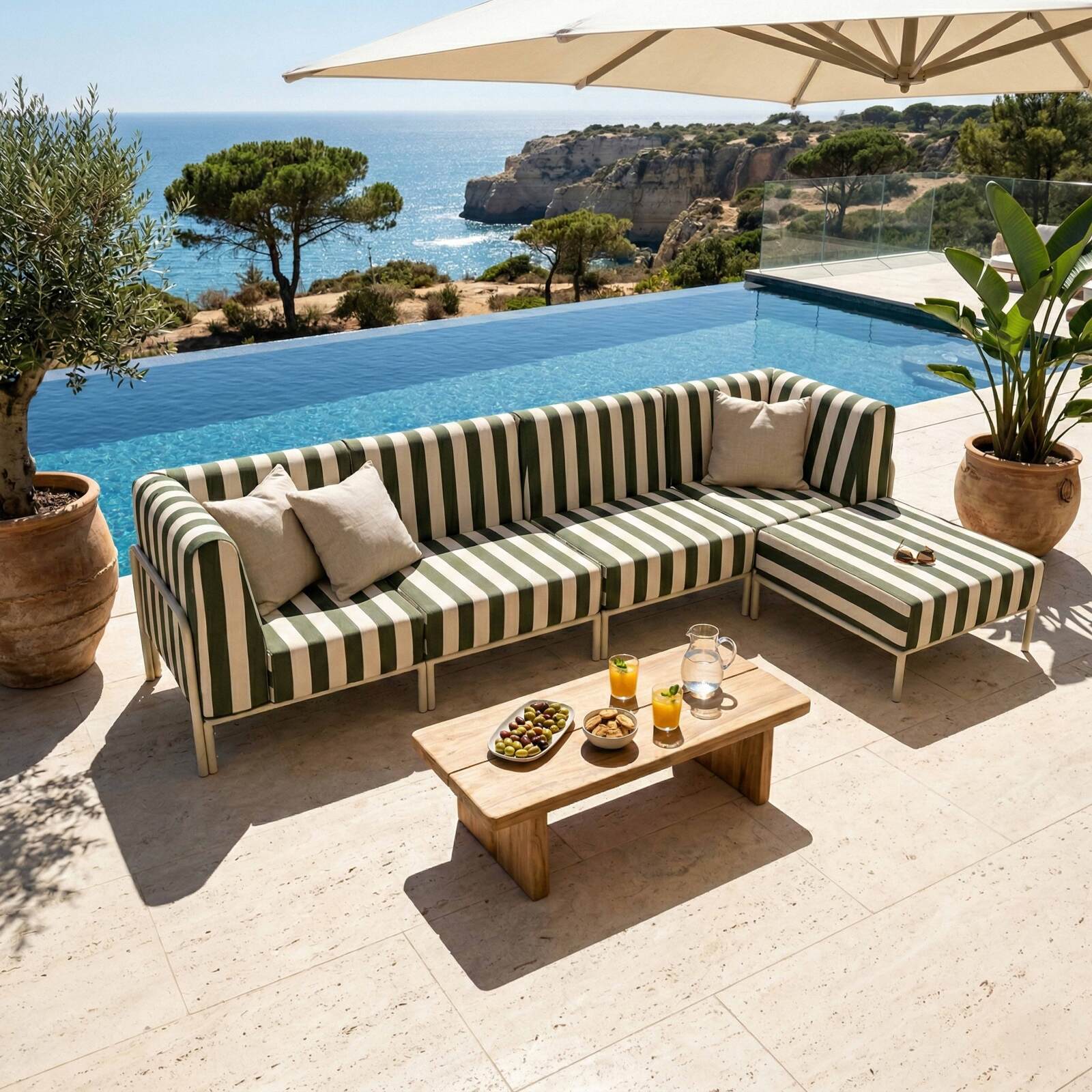 Modulare Gartenmöbel für 5 Personen bestehend aus 2 Sesseln, 2 Ecksesseln und 1 Sitzsack im gestreiften Design
