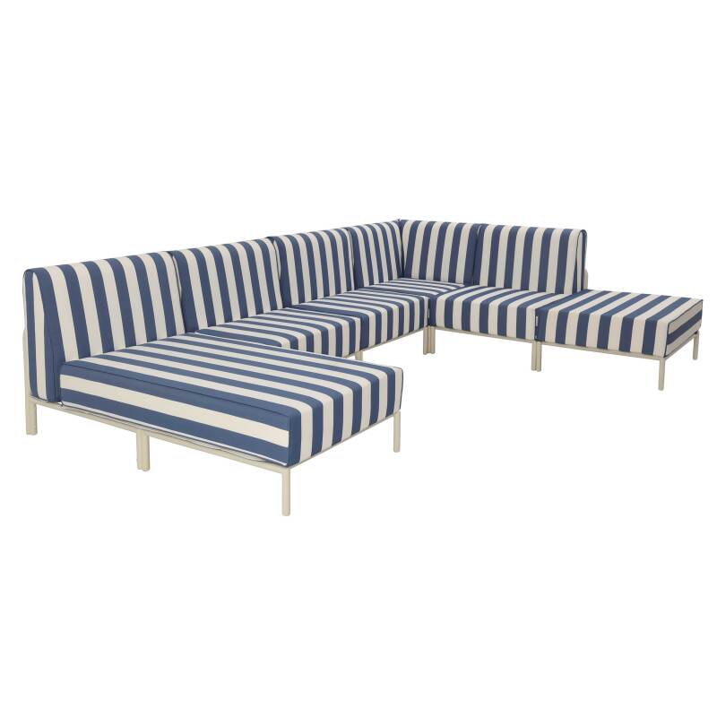 Modulare Gartenmöbel für 6 Personen bestehend aus 3 Sesseln, 1 Ecksessel, 1 Chaiselongue und 1 Sitzsack im gestreiften Design