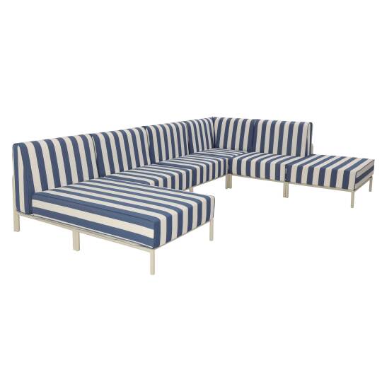 Modulare Gartenmöbel für 6 Personen bestehend aus 3 Sesseln, 1 Ecksessel, 1 Chaiselongue und 1 Sitzsack im gestreiften Design