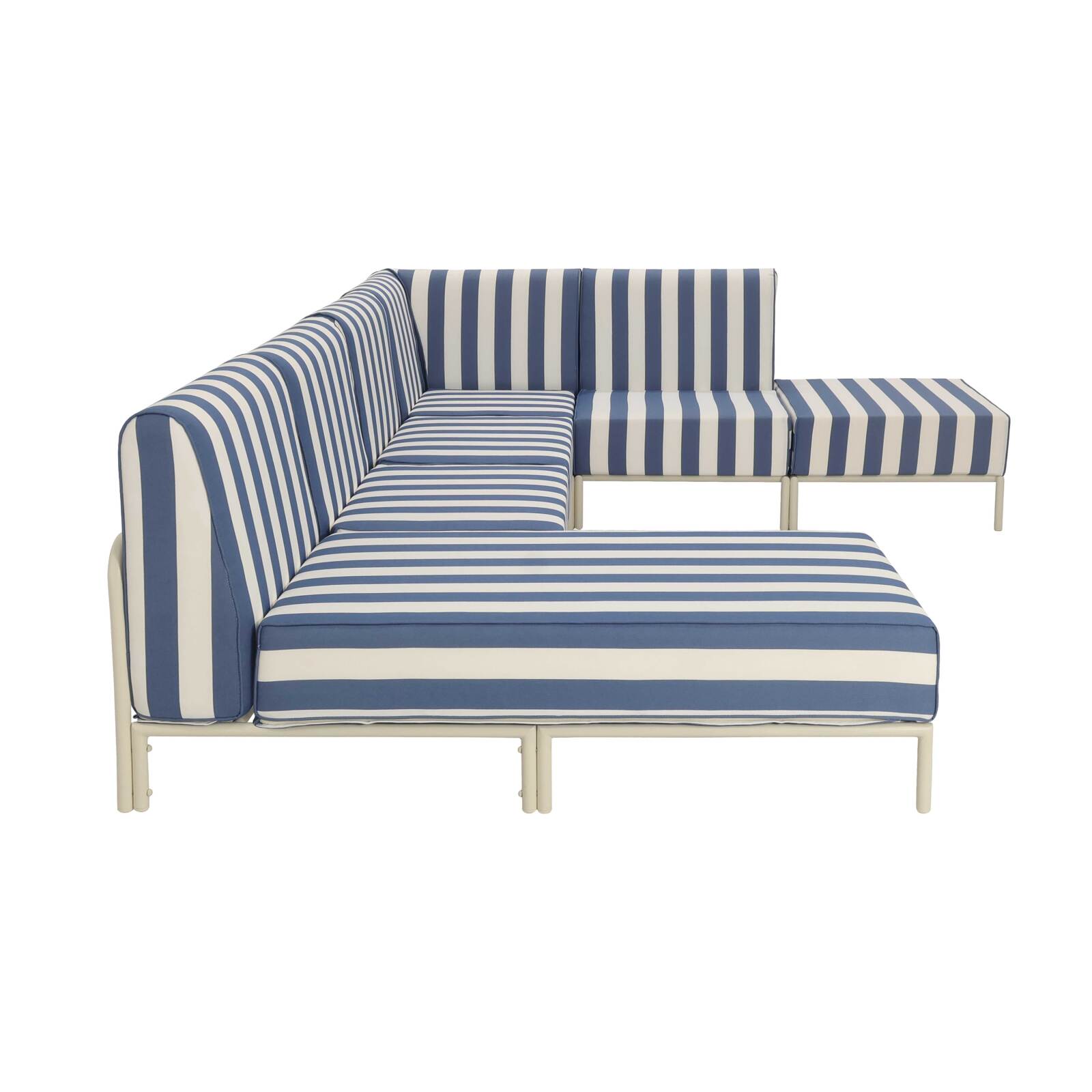 Modulare Gartenmöbel für 6 Personen bestehend aus 3 Sesseln, 1 Ecksessel, 1 Chaiselongue und 1 Sitzsack im gestreiften Design
