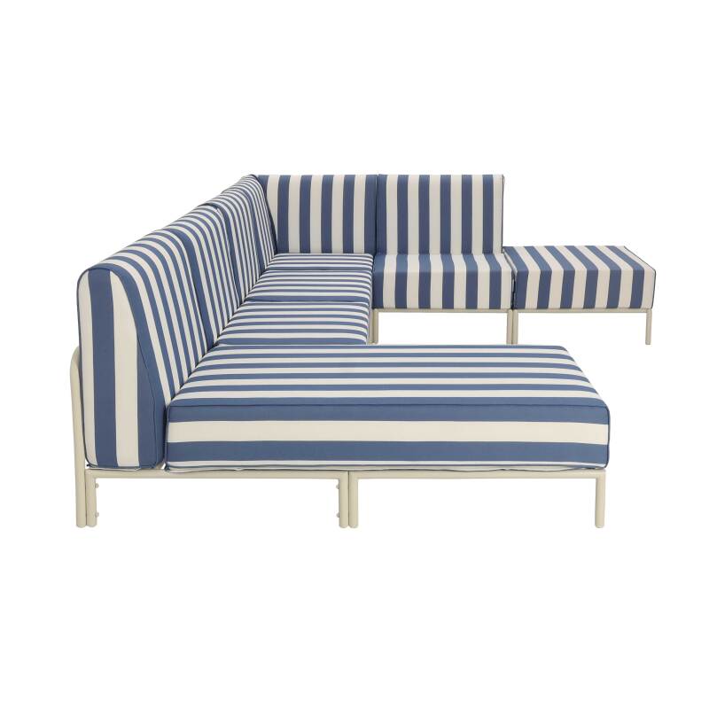 Modulare Gartenmöbel für 6 Personen bestehend aus 3 Sesseln, 1 Ecksessel, 1 Chaiselongue und 1 Sitzsack im gestreiften Design (7/8)