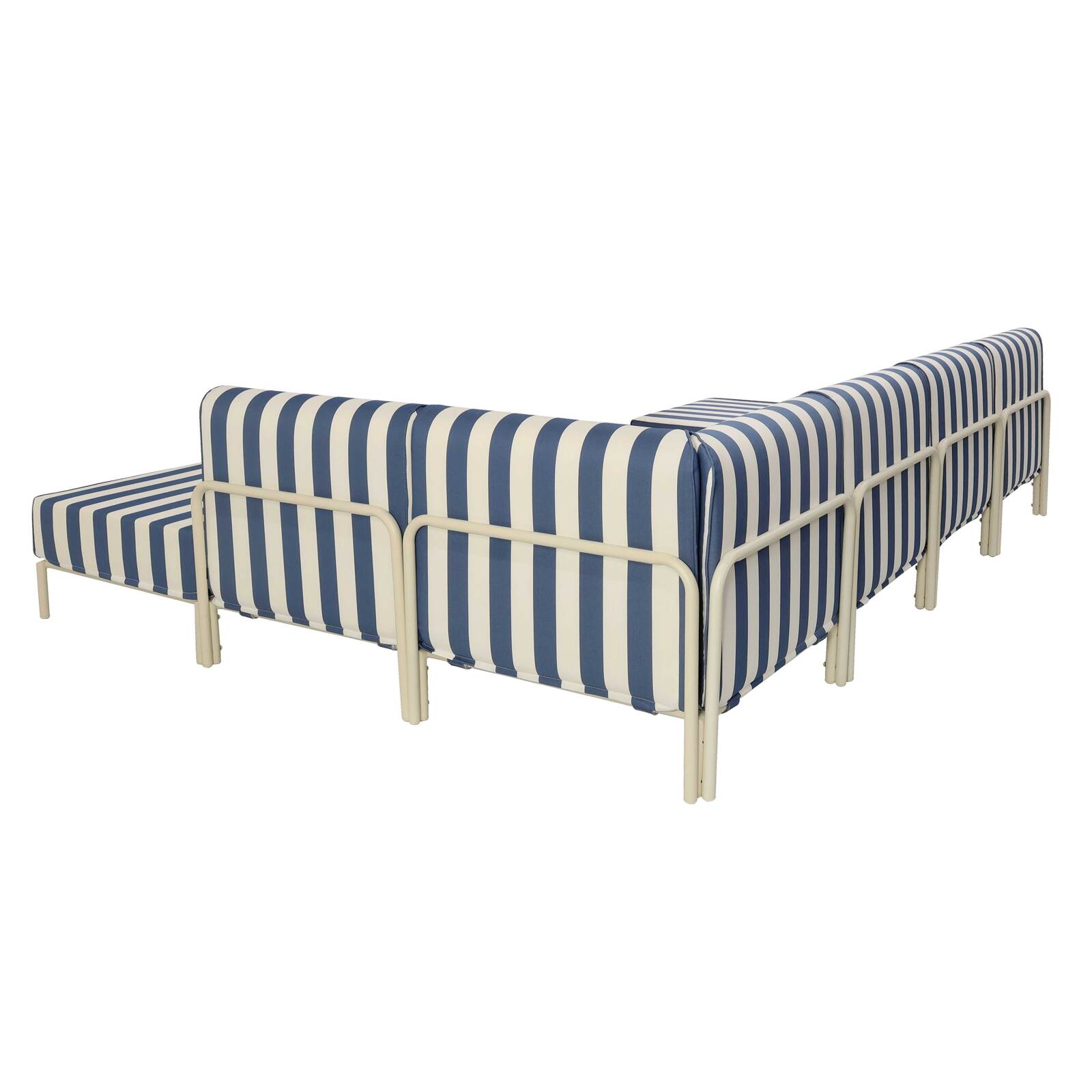 Modulare Gartenmöbel für 6 Personen bestehend aus 3 Sesseln, 1 Ecksessel, 1 Chaiselongue und 1 Sitzsack im gestreiften Design