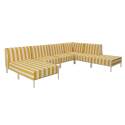 Modulare Gartenmöbel für 6 Personen bestehend aus 3 Sesseln, 1 Ecksessel, 1 Chaiselongue und 1 Sitzsack im gestreiften Design