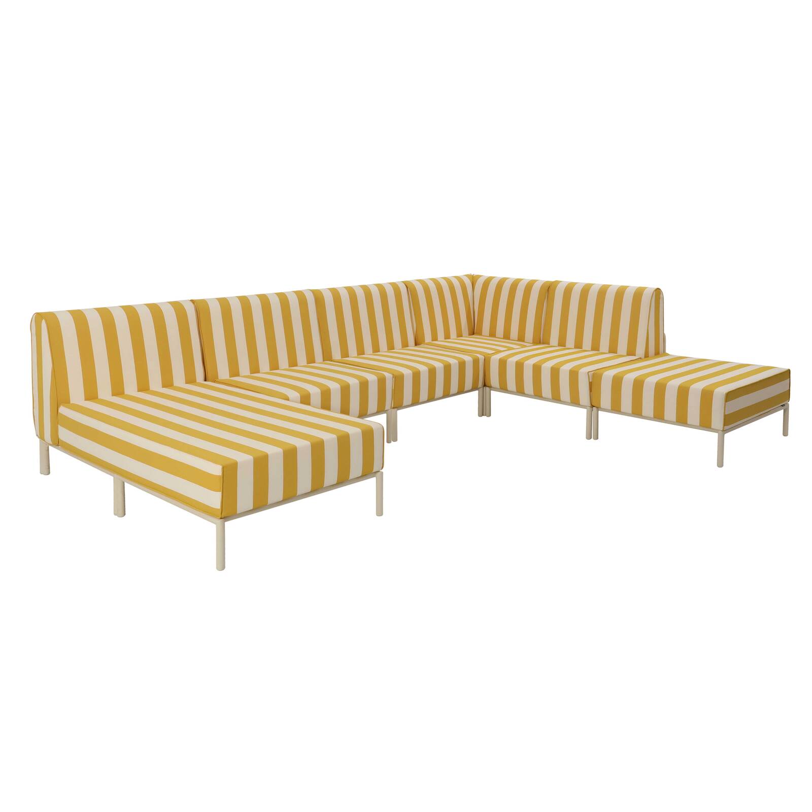 Modulare Gartenmöbel für 6 Personen bestehend aus 3 Sesseln, 1 Ecksessel, 1 Chaiselongue und 1 Sitzsack im gestreiften Design
