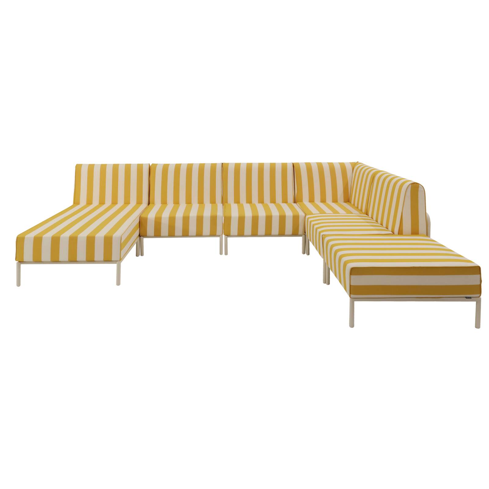 Modulare Gartenmöbel für 6 Personen bestehend aus 3 Sesseln, 1 Ecksessel, 1 Chaiselongue und 1 Sitzsack im gestreiften Design