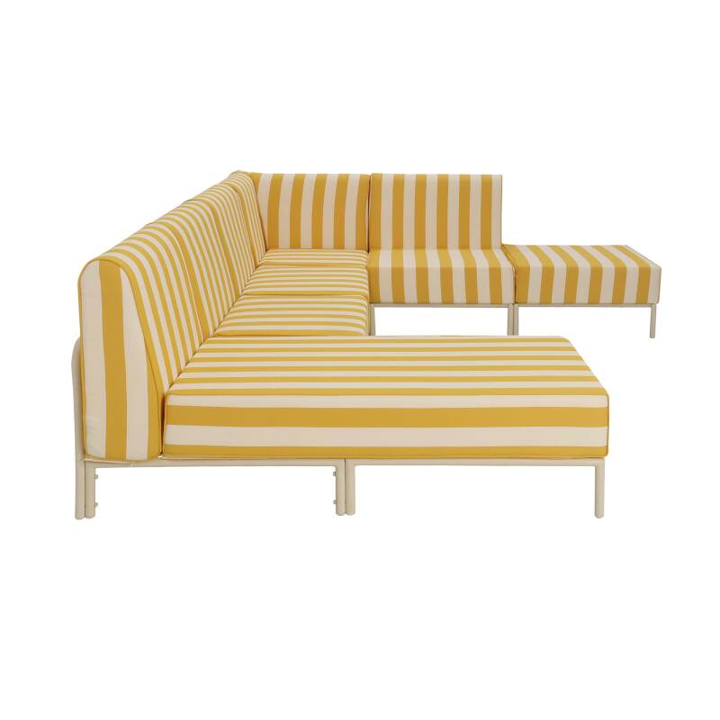 Modulare Gartenmöbel für 6 Personen bestehend aus 3 Sesseln, 1 Ecksessel, 1 Chaiselongue und 1 Sitzsack im gestreiften Design (7/8)