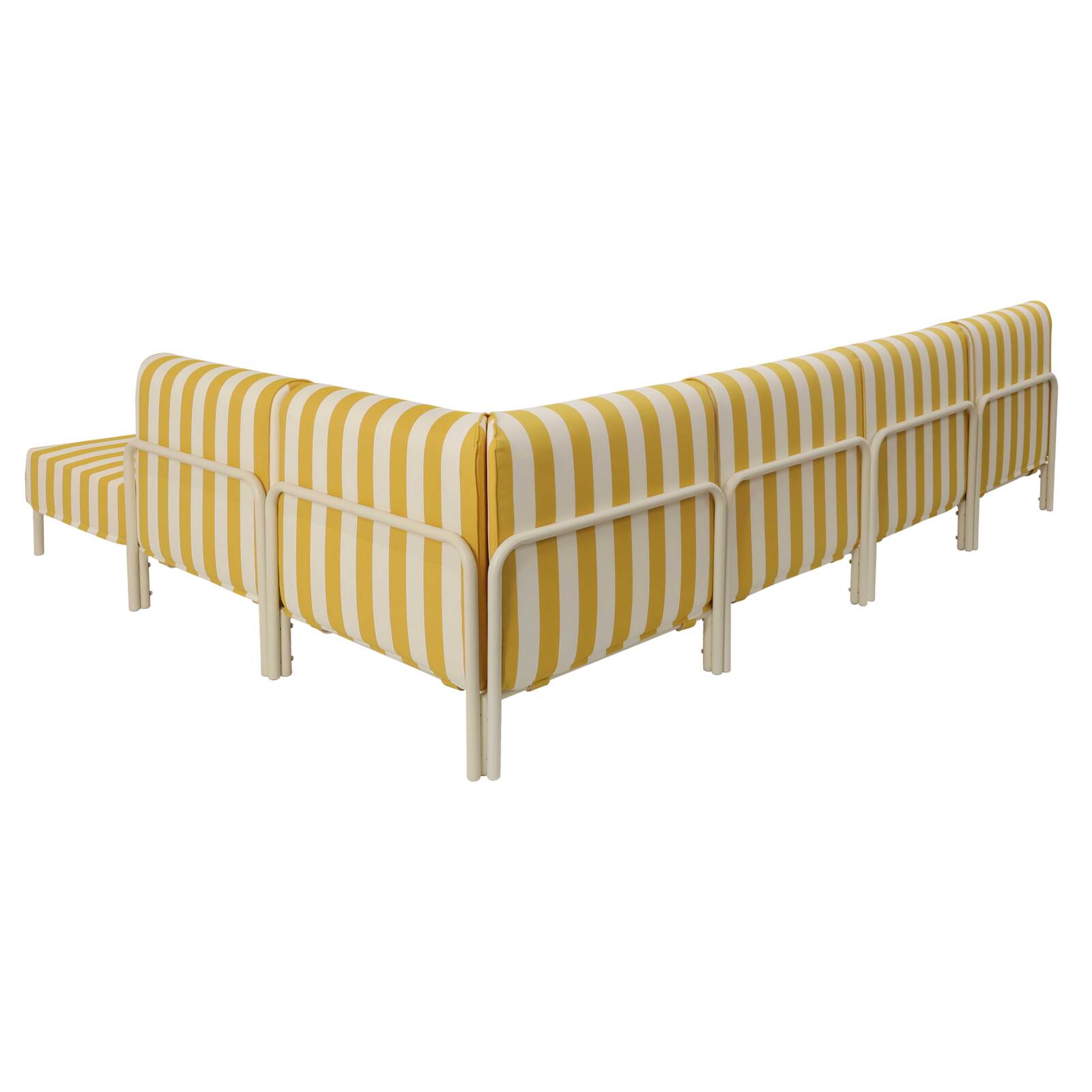 Modulare Gartenmöbel für 6 Personen bestehend aus 3 Sesseln, 1 Ecksessel, 1 Chaiselongue und 1 Sitzsack im gestreiften Design