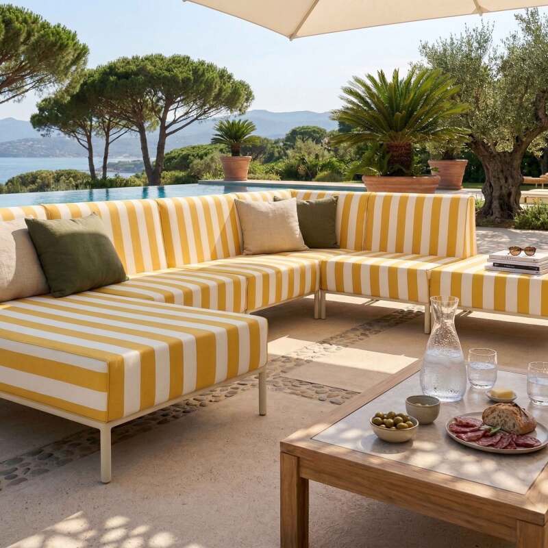 Modulare Gartenmöbel für 6 Personen bestehend aus 3 Sesseln, 1 Ecksessel, 1 Chaiselongue und 1 Sitzsack im gestreiften Design (2/8)