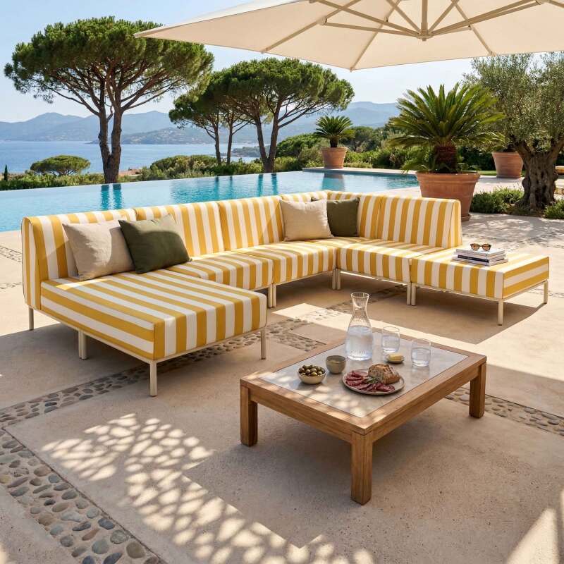 Modulare Gartenmöbel für 6 Personen bestehend aus 3 Sesseln, 1 Ecksessel, 1 Chaiselongue und 1 Sitzsack im gestreiften Design