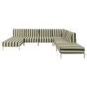 Modulare Gartenmöbel für 6 Personen bestehend aus 3 Sesseln, 1 Ecksessel, 1 Chaiselongue und 1 Sitzsack im gestreiften Design