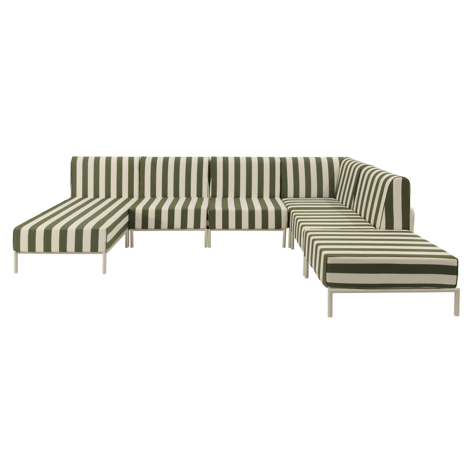 Modulare Gartenmöbel für 6 Personen bestehend aus 3 Sesseln, 1 Ecksessel, 1 Chaiselongue und 1 Sitzsack im gestreiften Design
