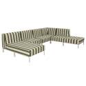 Modulare Gartenmöbel für 6 Personen bestehend aus 3 Sesseln, 1 Ecksessel, 1 Chaiselongue und 1 Sitzsack im gestreiften Design