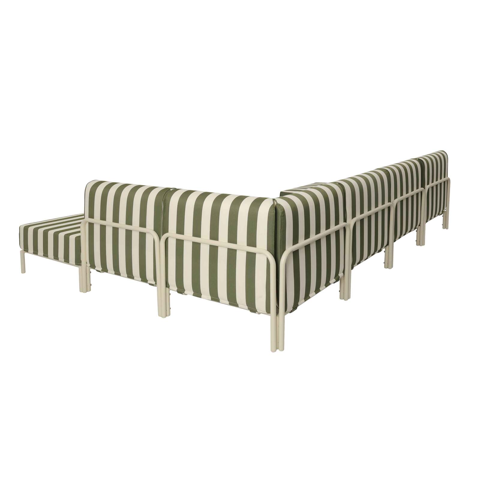 Modulare Gartenmöbel für 6 Personen bestehend aus 3 Sesseln, 1 Ecksessel, 1 Chaiselongue und 1 Sitzsack im gestreiften Design