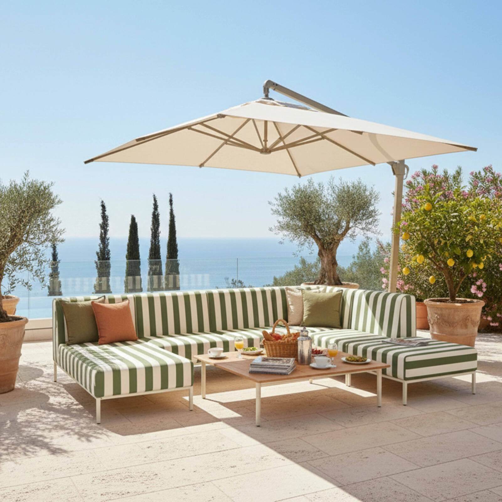 Modulare Gartenmöbel für 6 Personen bestehend aus 3 Sesseln, 1 Ecksessel, 1 Chaiselongue und 1 Sitzsack im gestreiften Design
