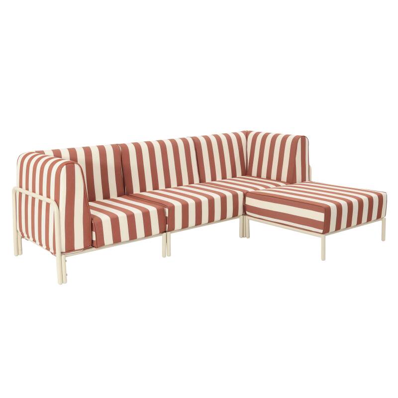 Modulare Gartenmöbel für 4 Personen bestehend aus 1 Sessel, 2 Ecksesseln und 1 Sitzsack im gestreiften Design
