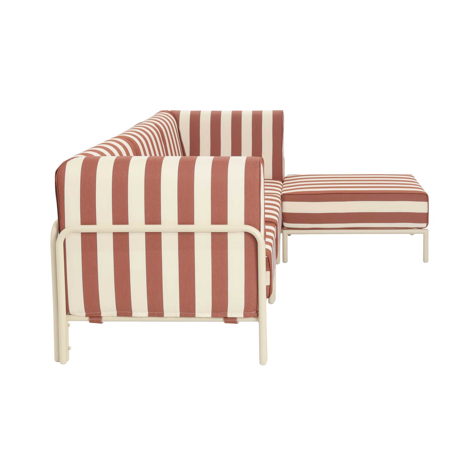 Modulare Gartenmöbel für 4 Personen bestehend aus 1 Sessel, 2 Ecksesseln und 1 Sitzsack im gestreiften Design