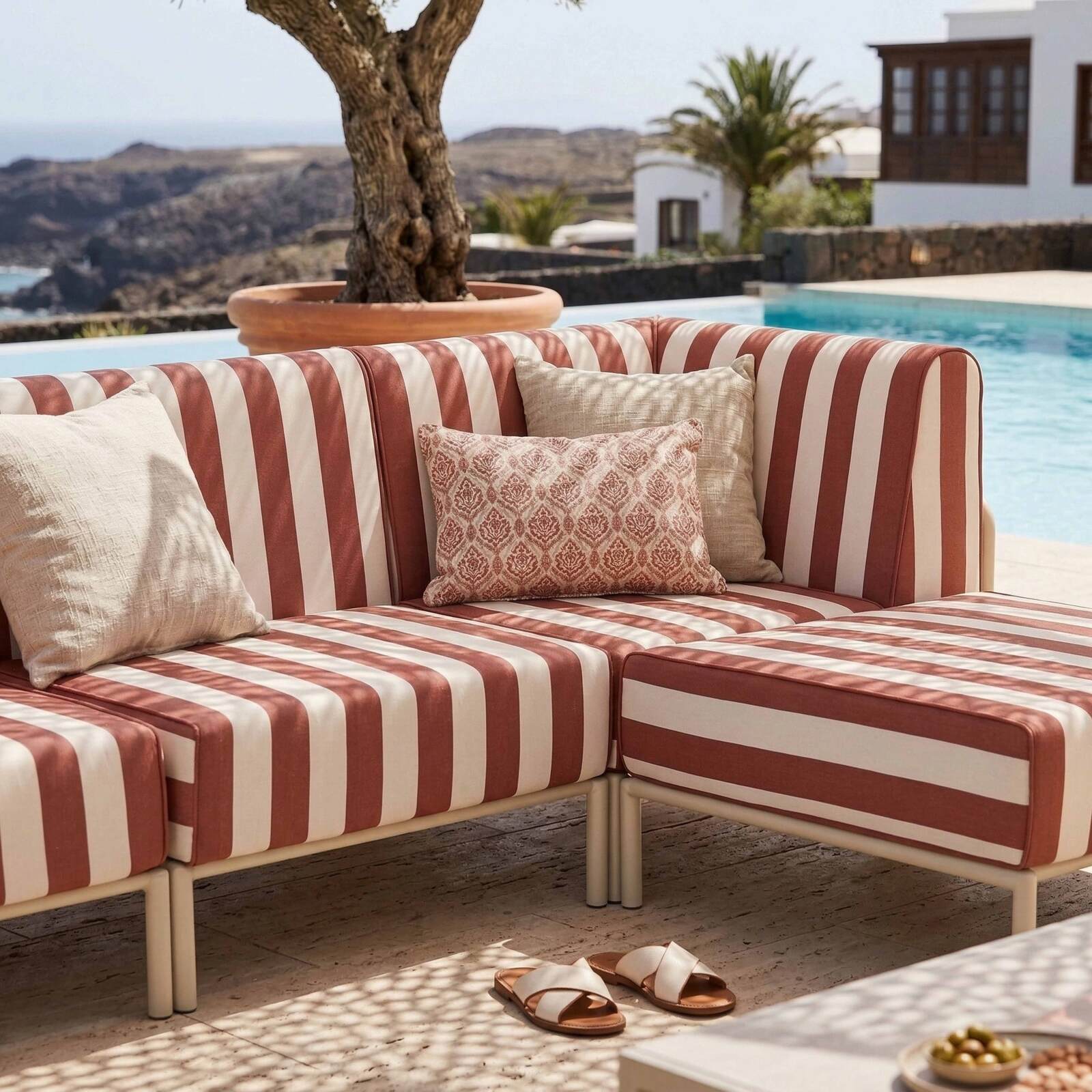 Modulare Gartenmöbel für 4 Personen bestehend aus 1 Sessel, 2 Ecksesseln und 1 Sitzsack im gestreiften Design