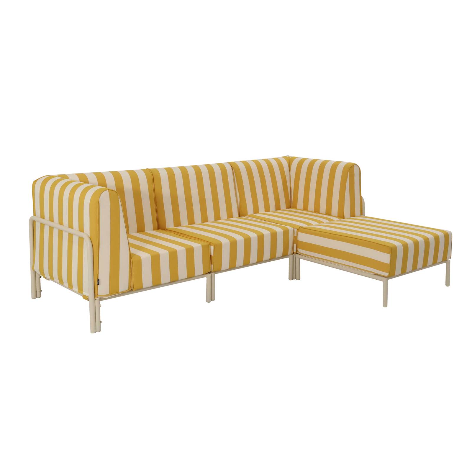 Modulare Gartenmöbel für 4 Personen bestehend aus 1 Sessel, 2 Ecksesseln und 1 Sitzsack im gestreiften Design