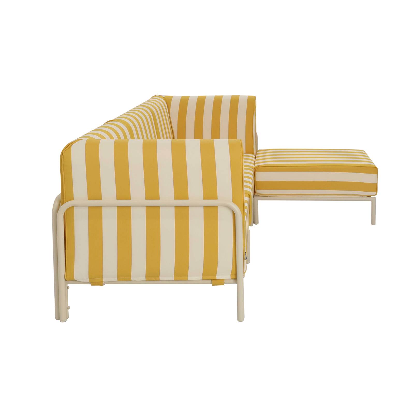 Modulare Gartenmöbel für 4 Personen bestehend aus 1 Sessel, 2 Ecksesseln und 1 Sitzsack im gestreiften Design