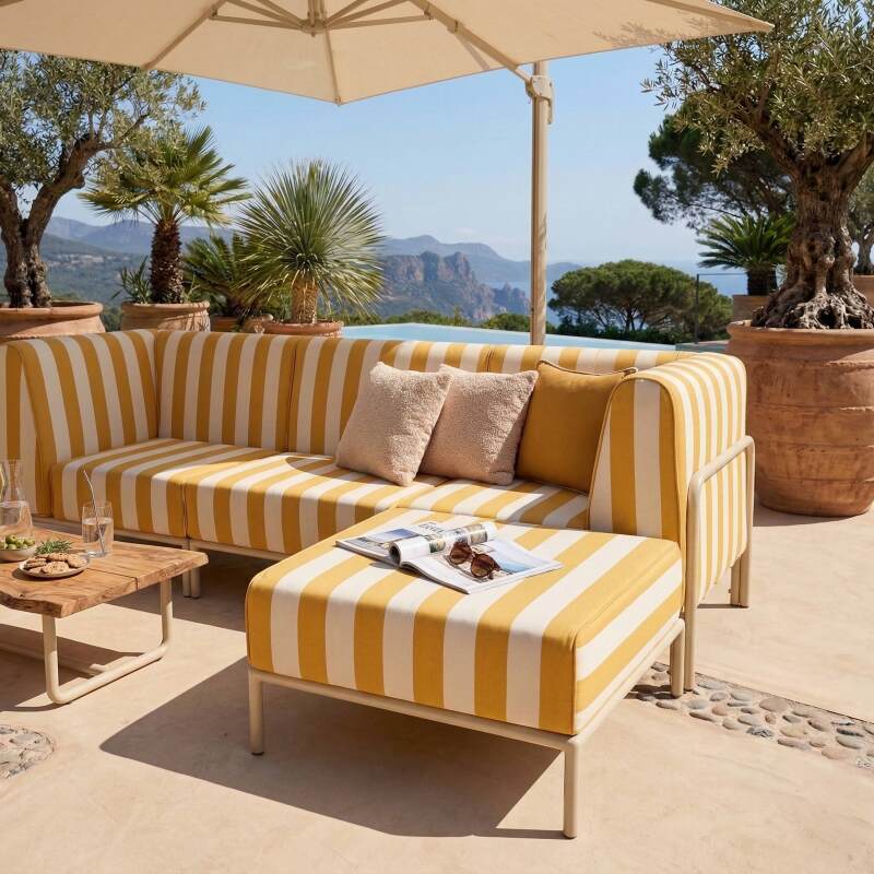 Modulare Gartenmöbel für 4 Personen bestehend aus 1 Sessel, 2 Ecksesseln und 1 Sitzsack im gestreiften Design (3/8)