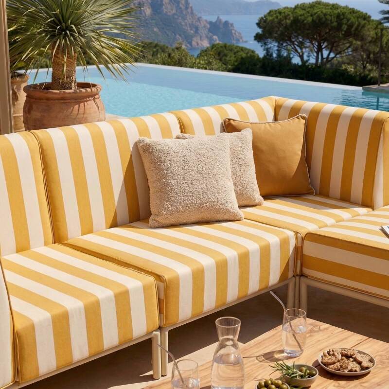 Modulare Gartenmöbel für 4 Personen bestehend aus 1 Sessel, 2 Ecksesseln und 1 Sitzsack im gestreiften Design (7/8)